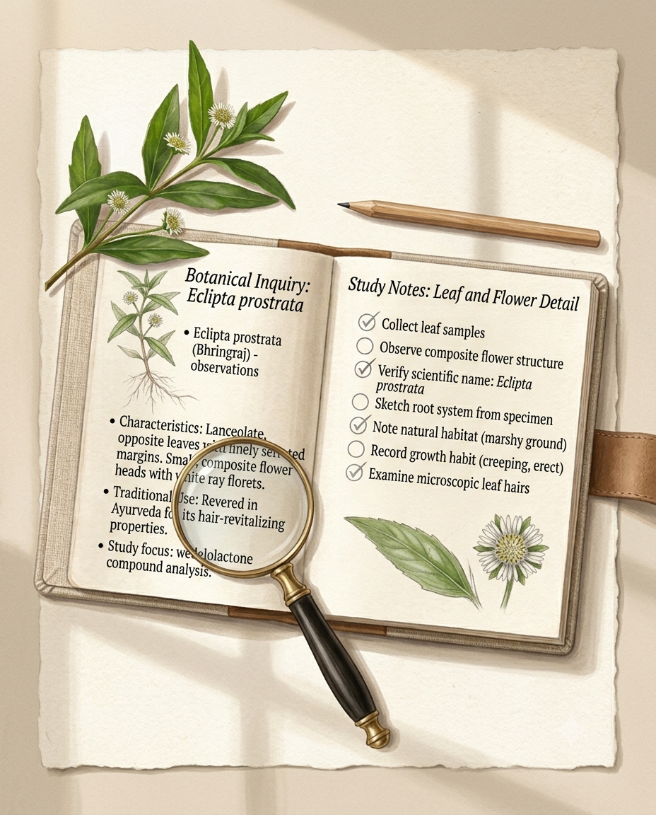 A clean flat-lay showing an open journal, a magnifying glass, fresh Bhringraj leaves, and delicate botanical sketches under morning sunlight