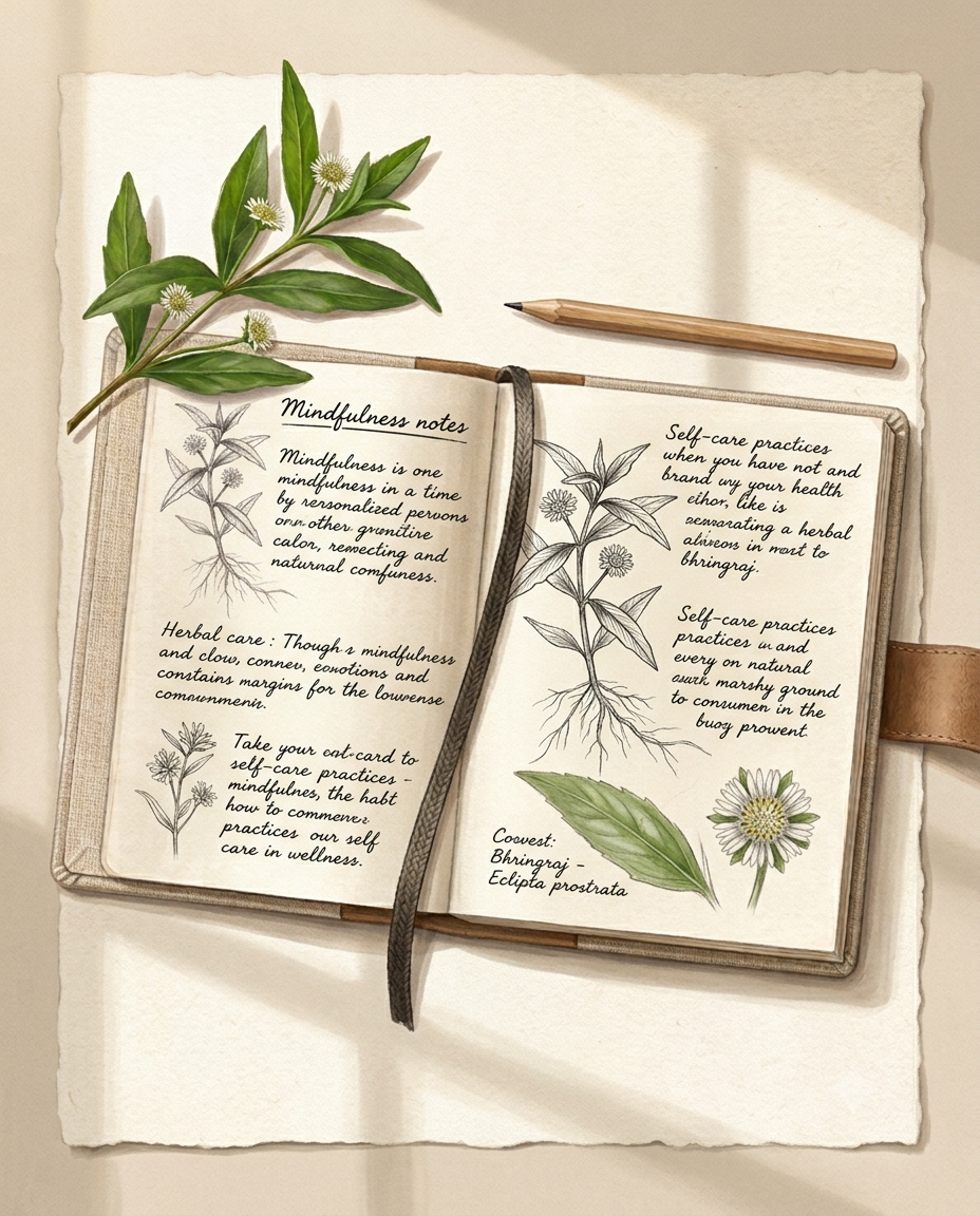 An elegant minimal flat-lay showing an open notebook, bookmark ribbon, fresh Bhringraj leaves, and delicate botanical sketches under morning sunlight