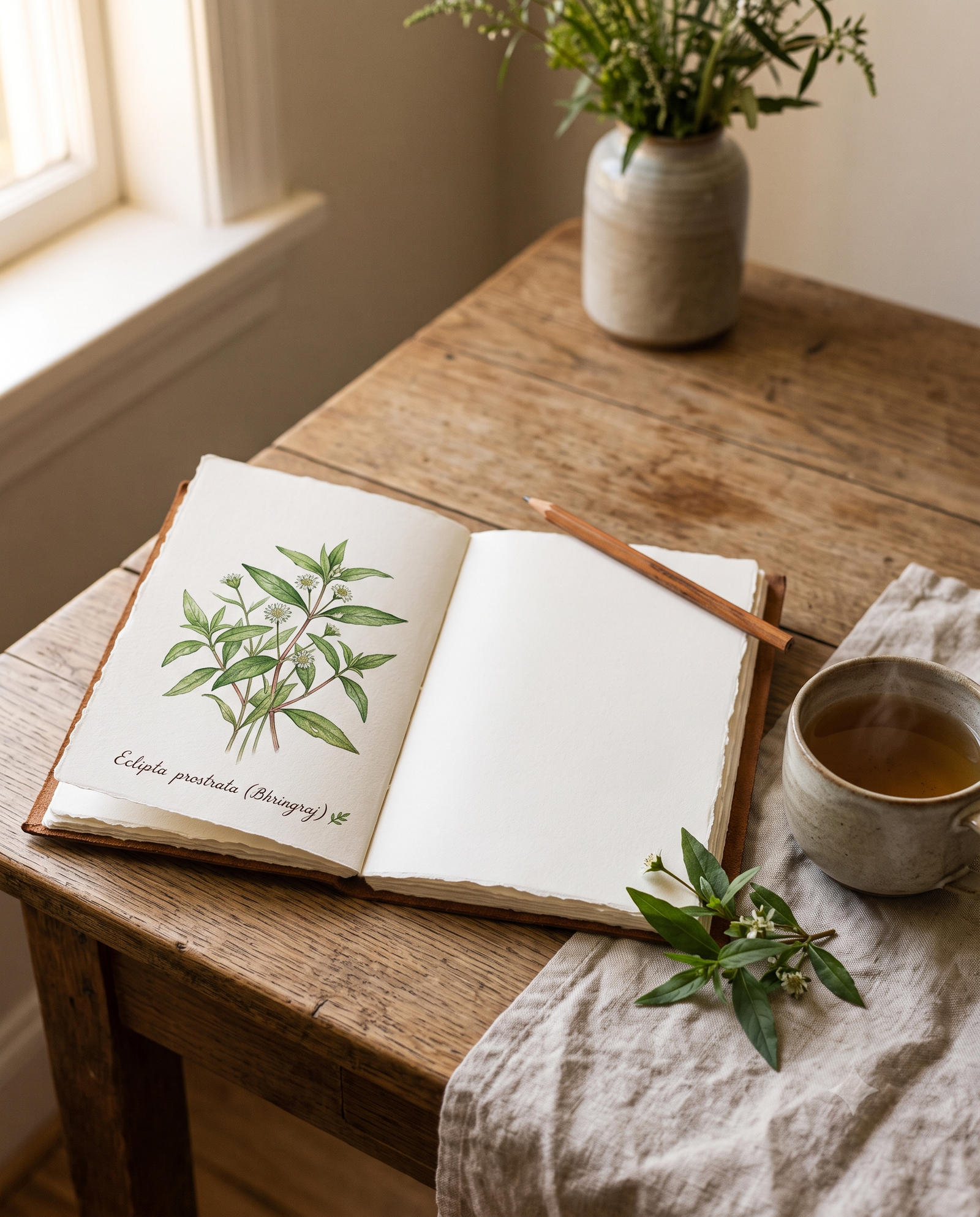 A peaceful editorial illustration showing an open journal, handwritten note, a wooden pencil, fresh Bhringraj leaves, and a ceramic cup of warm tea under morning sunlight