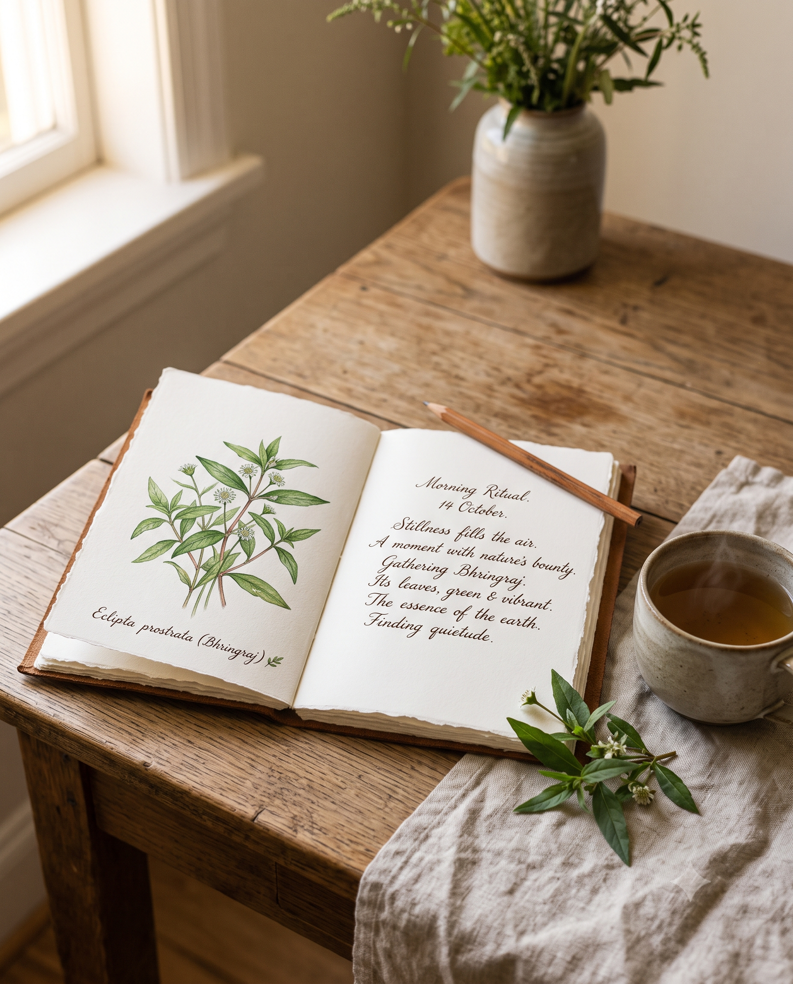 A closed handmade journal tied with natural ribbon, Bhringraj leaves, and a ceramic herbal tea cup under warm evening sunlight