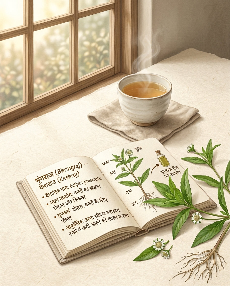 Editorial botanical illustration of journal, tea, and Bhringraj leaves under soft morning light