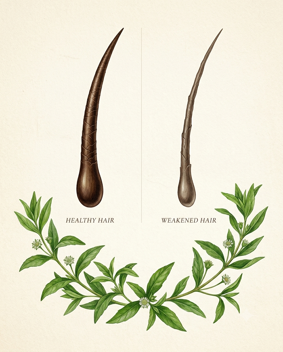Botanical illustration showing healthy and weak hair strands, scalp, and botanical leaves in balanced light