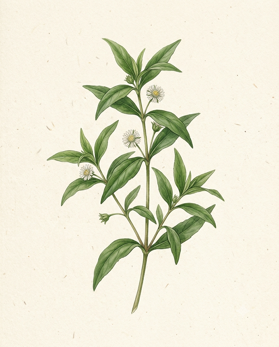Botanical illustration of a fresh Bhringraj plant showing green leaves, small white flowers, and natural stem in soft light