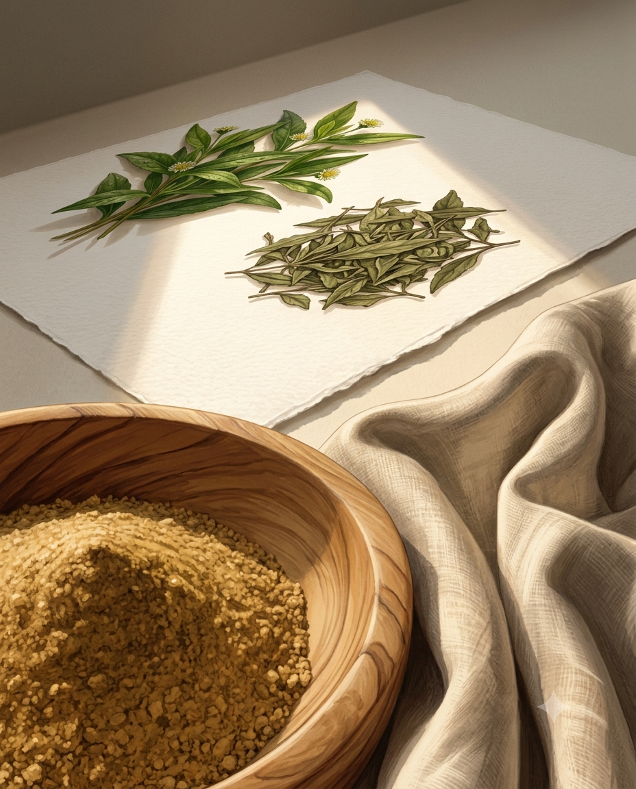 Botanical journey of Bhringraj showing fresh plant, dried leaves, and fine herbal powder in a wooden bowl