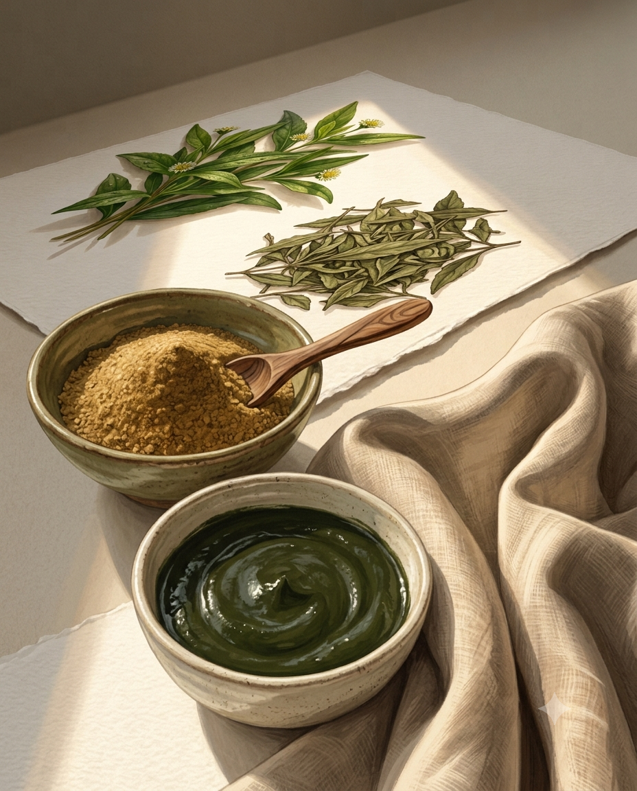 Handcrafted sequence showing fresh Bhringraj powder in a wooden bowl, natural ingredients, a ceramic mixing bowl, and a wooden spoon mixing ingredients