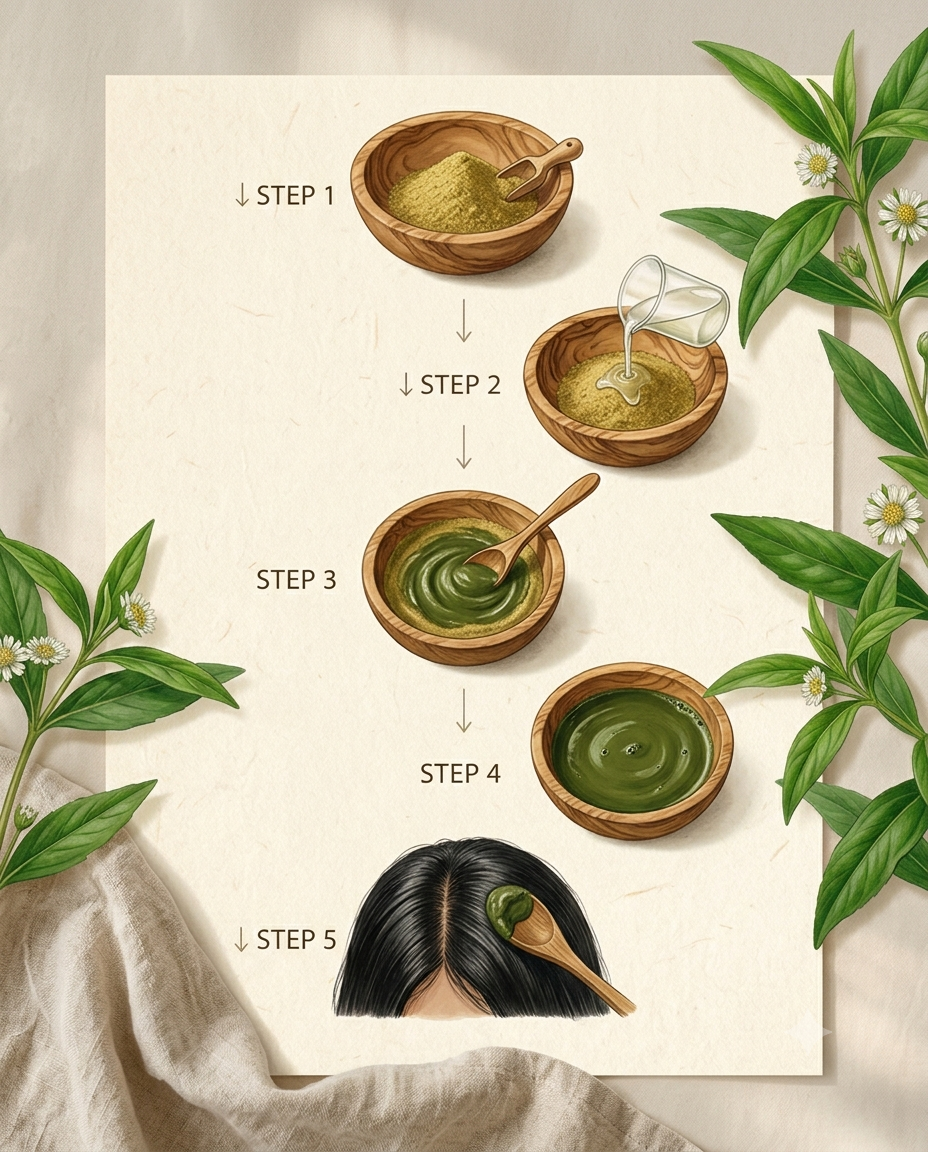 Editorial sequence showing wooden bowl, herbal powder, mixing liquid, smooth paste, and symbolic application process